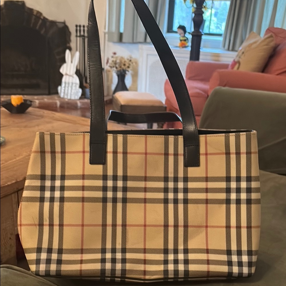 Burberry Cream and Black Tote with Iconic Plaid Design